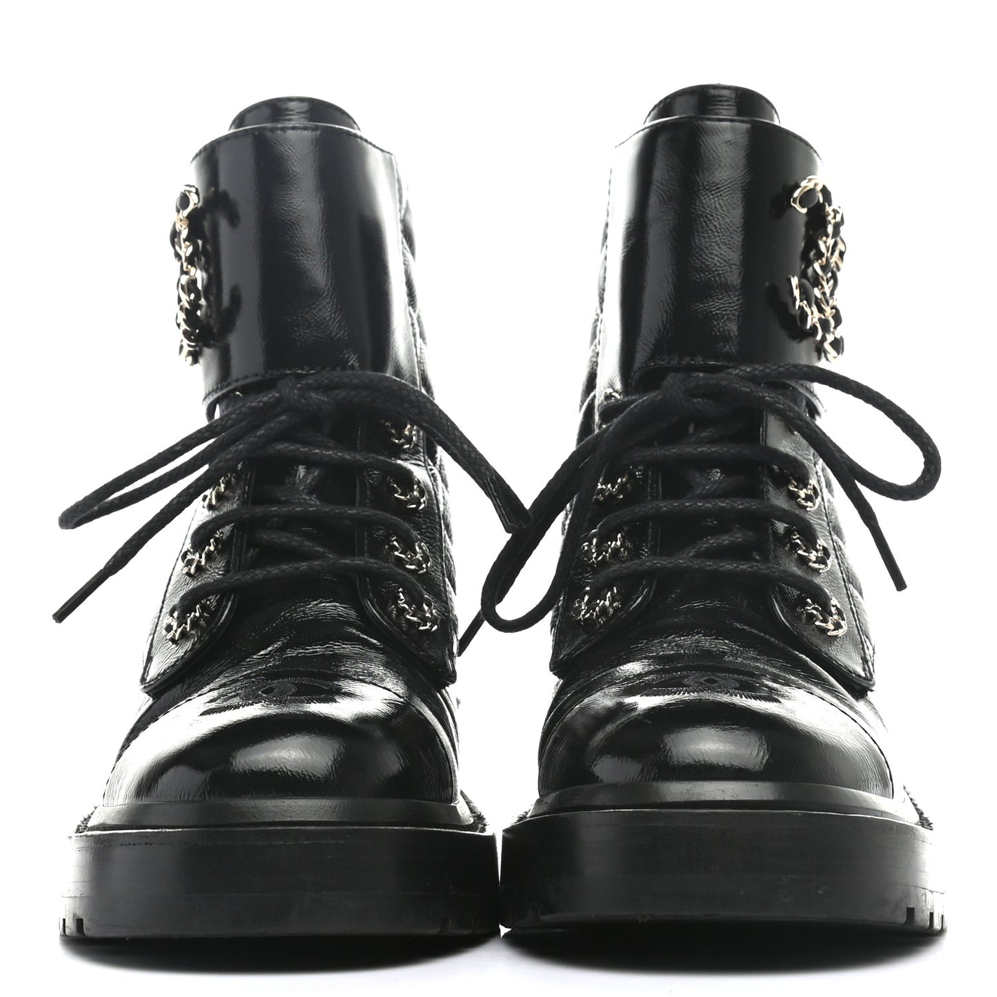 Shiny Calfskin Quilted Lace Up Combat Boots 35 Black