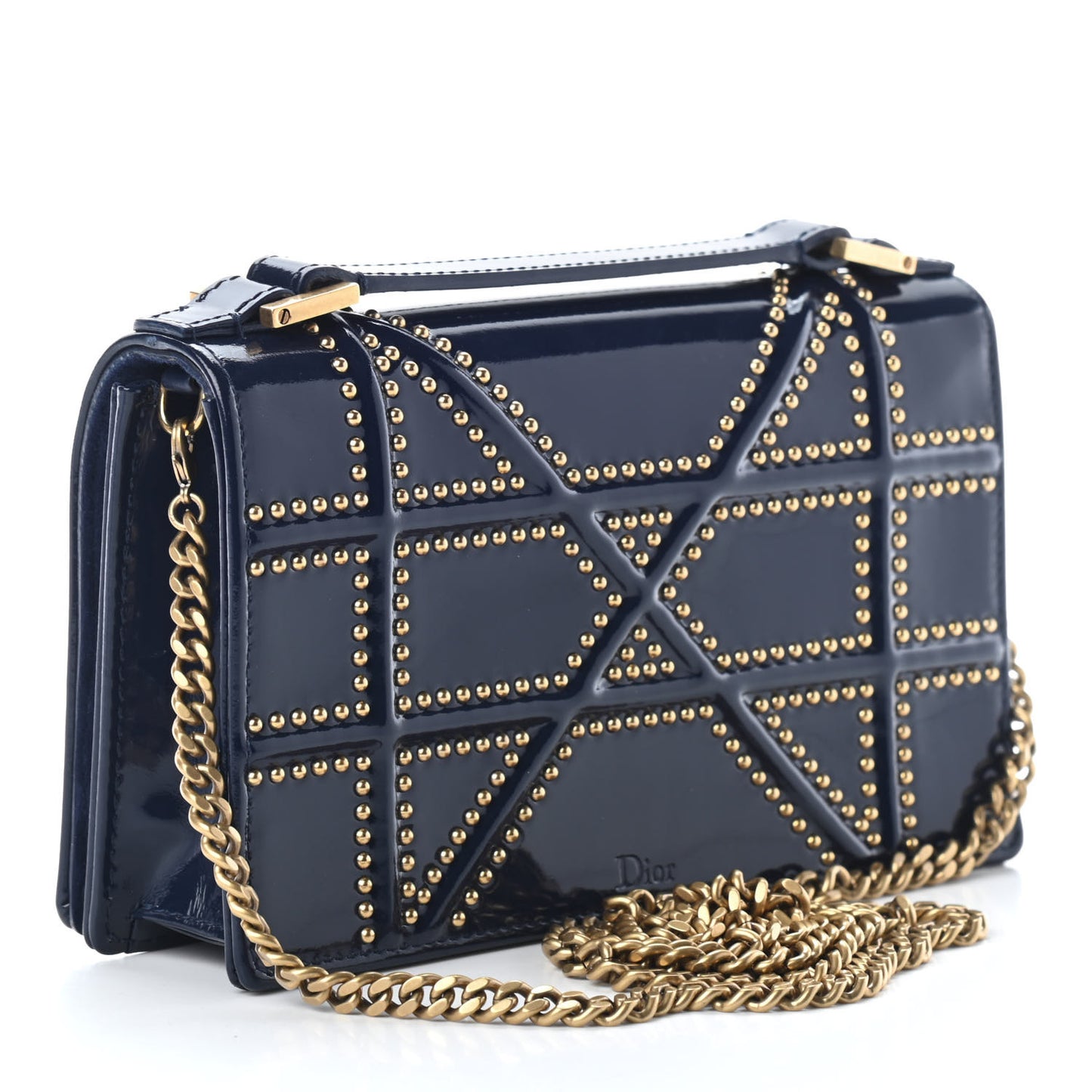 Patent Studded Diorama Top Handle Wallet on Chain Pouch Navy Blue