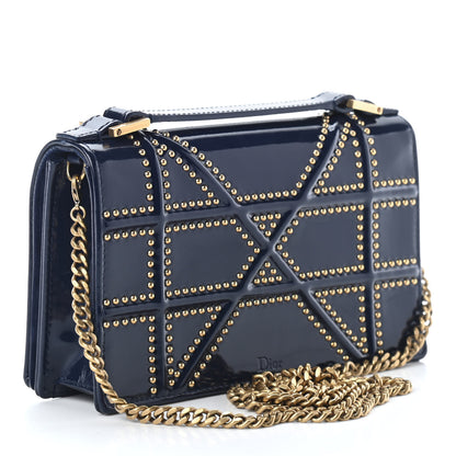 Christian Dior Patent Studded Diorama Top Handle Wallet on Chain Pouch Navy Blue 3 of 9