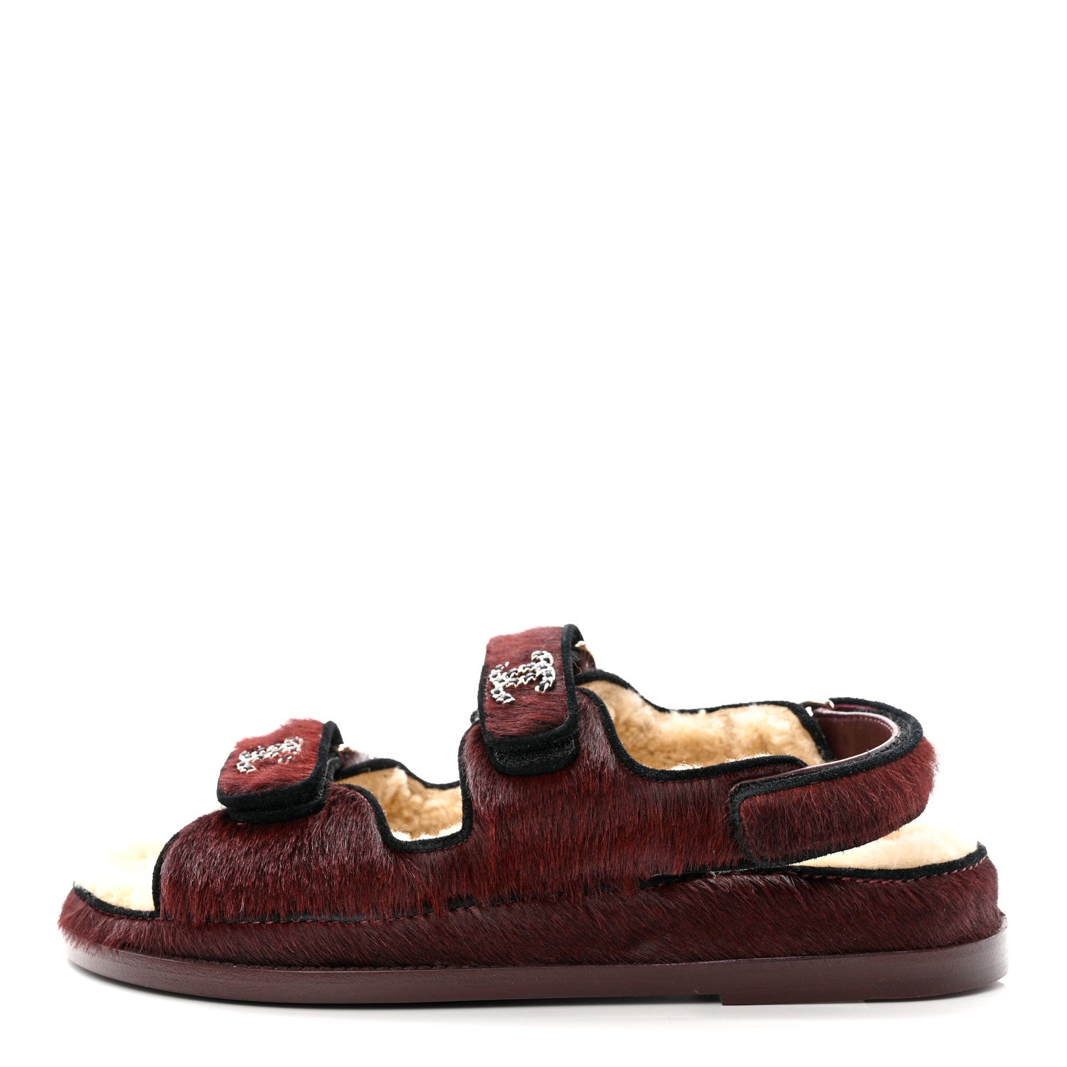 Chanel Calfskin Hair Suede Shearling Dad Sandals 36.5 Burgundy Black 1 of 11