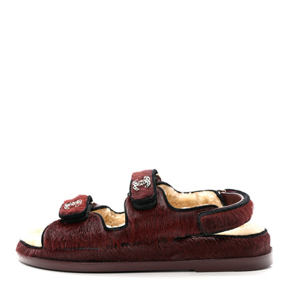 Chanel Calfskin Hair Suede Shearling Dad Sandals 36.5 Burgundy Black 1 of 11