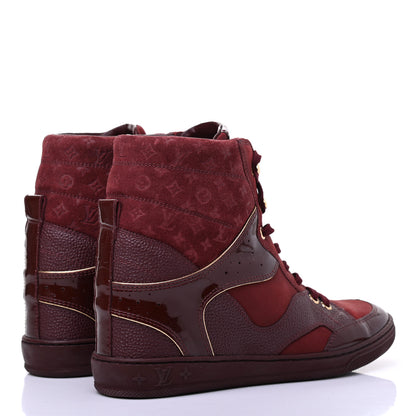 Louis Vuitton Calfskin Patent Suede Monogram Cliff Top Wedge Sneakers 36.5 Burgundy 4 of 11
