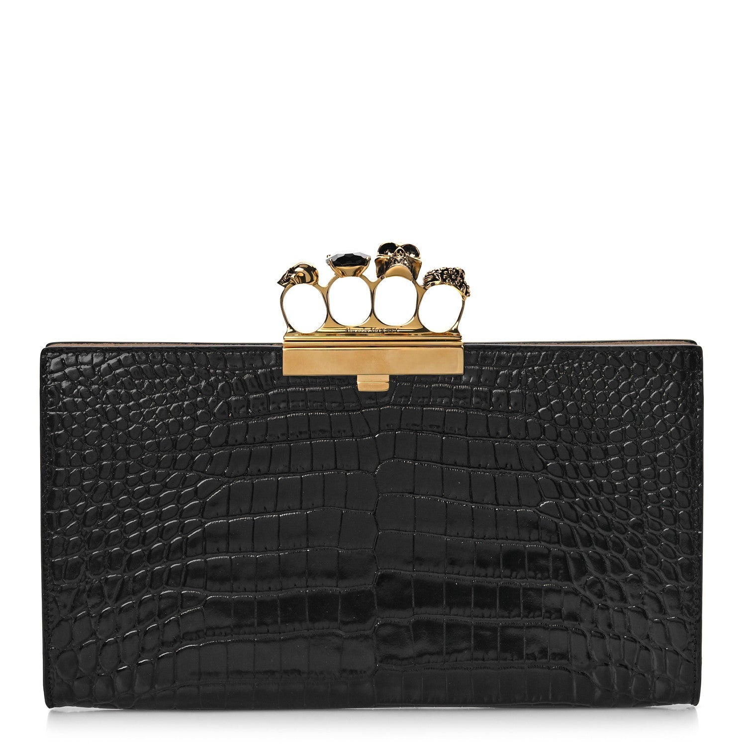 Alexander McQueen Calfskin Crocodile Embossed Knuckle Flat Clutch Black Gold 1 of 11
