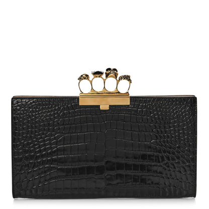 Alexander McQueen Calfskin Crocodile Embossed Knuckle Flat Clutch Black Gold 1 of 11