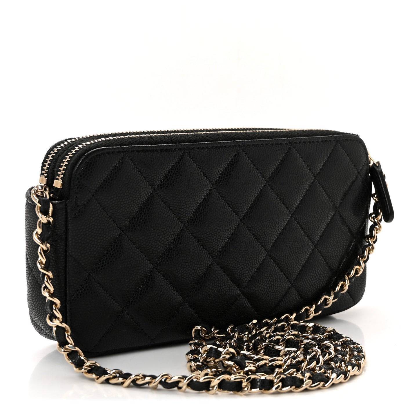 Caviar Quilted Zipped Phone Holder With Chain Black