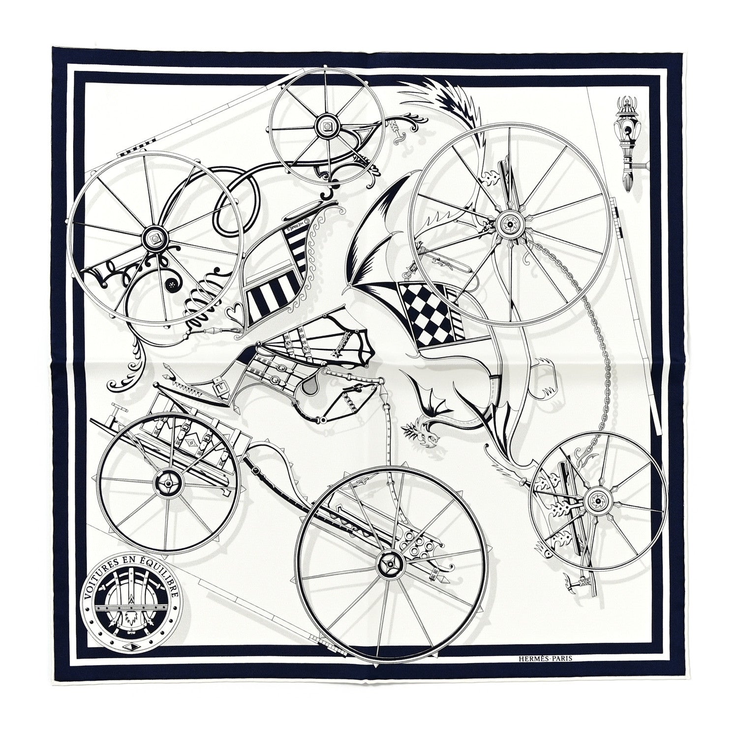 Hermes Silk Voitures en Equilibre Scarf 45 White Marine Gris 1 of 5