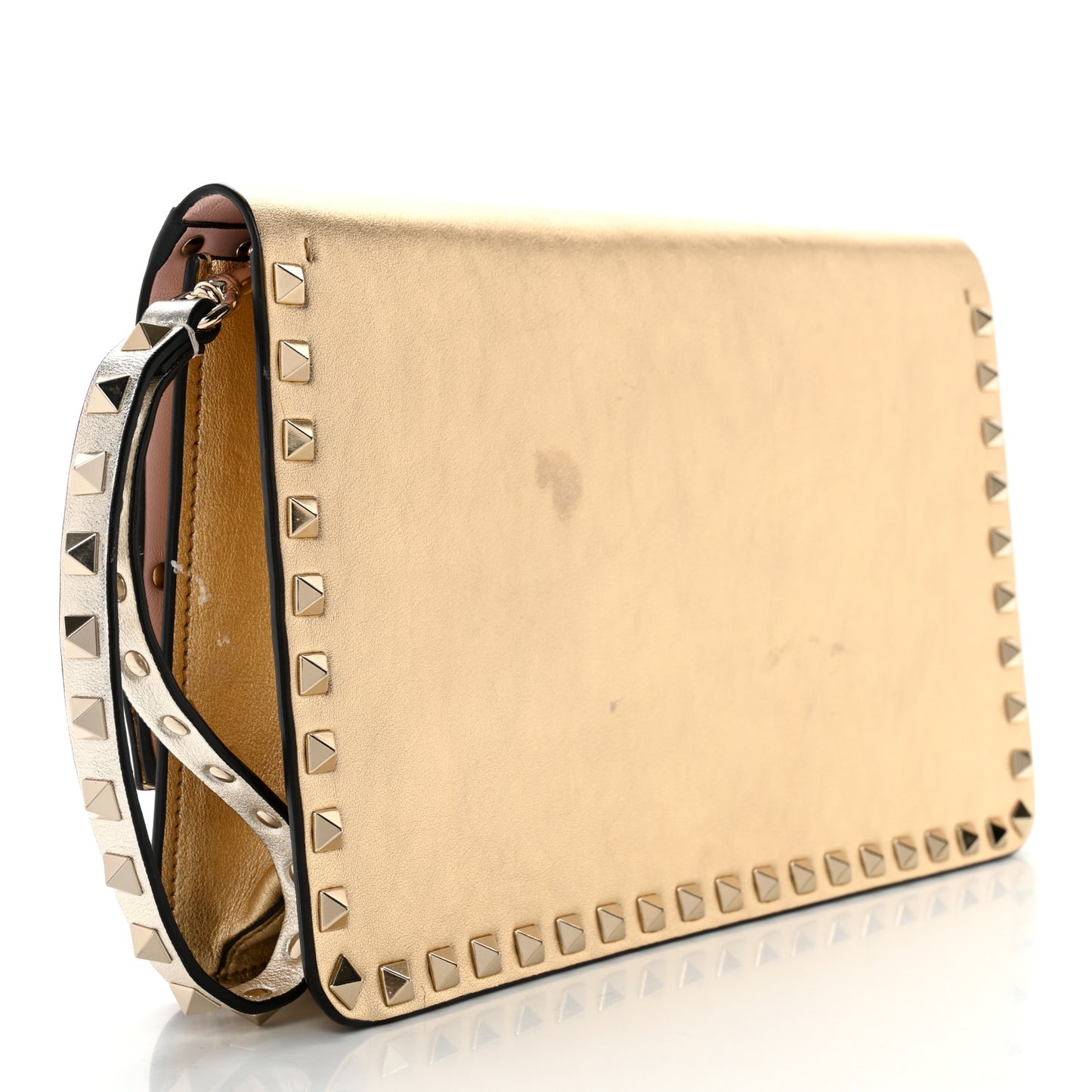 Metallic Calfskin Rockstud Side Slip Wristlet Clutch Gold
