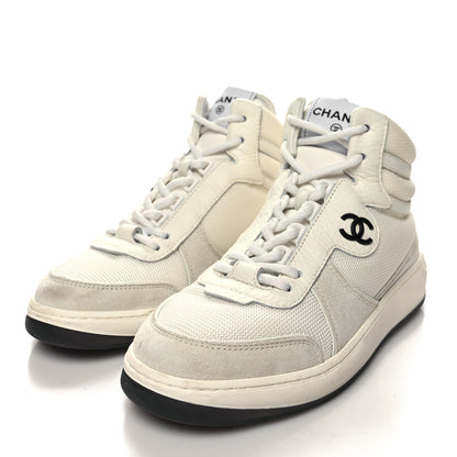 Chanel Suede Fabric Grained Calfskin Womens CC High Top Sneakers 37 White 3 of 10