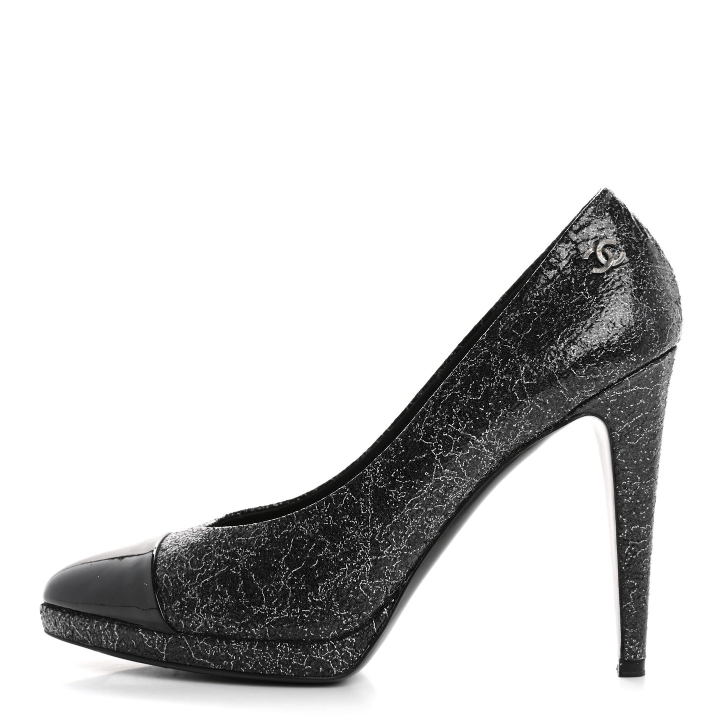 Metallic Crackled Calfskin Patent Cap Toe Pumps 41 Silver Black