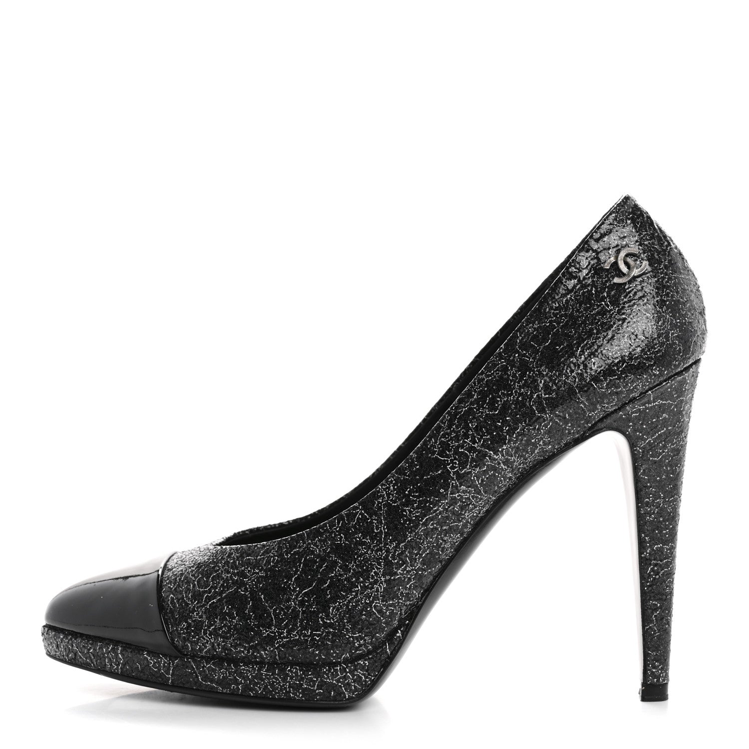 Chanel Metallic Crackled Calfskin Patent Cap Toe Pumps 41 Silver Black 1 of 10