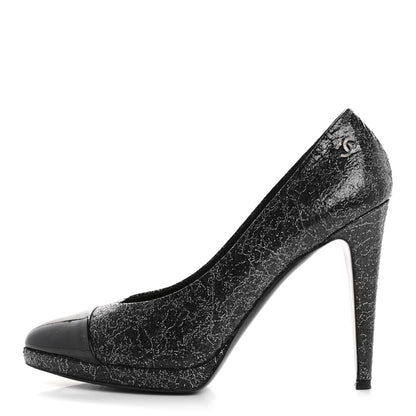 Chanel Metallic Crackled Calfskin Patent Cap Toe Pumps 41 Silver Black 1 of 10