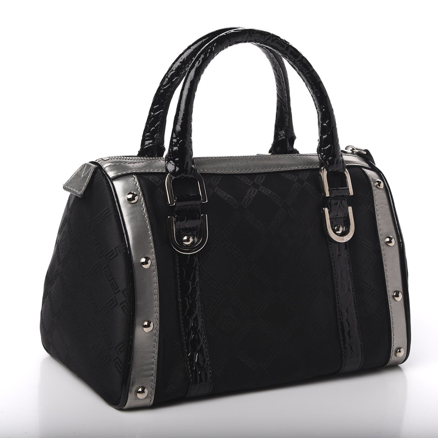 Versace Saffiano Crocodile Embossed Calfskin Nylon Madonna Satchel Black Silver 3 of 11