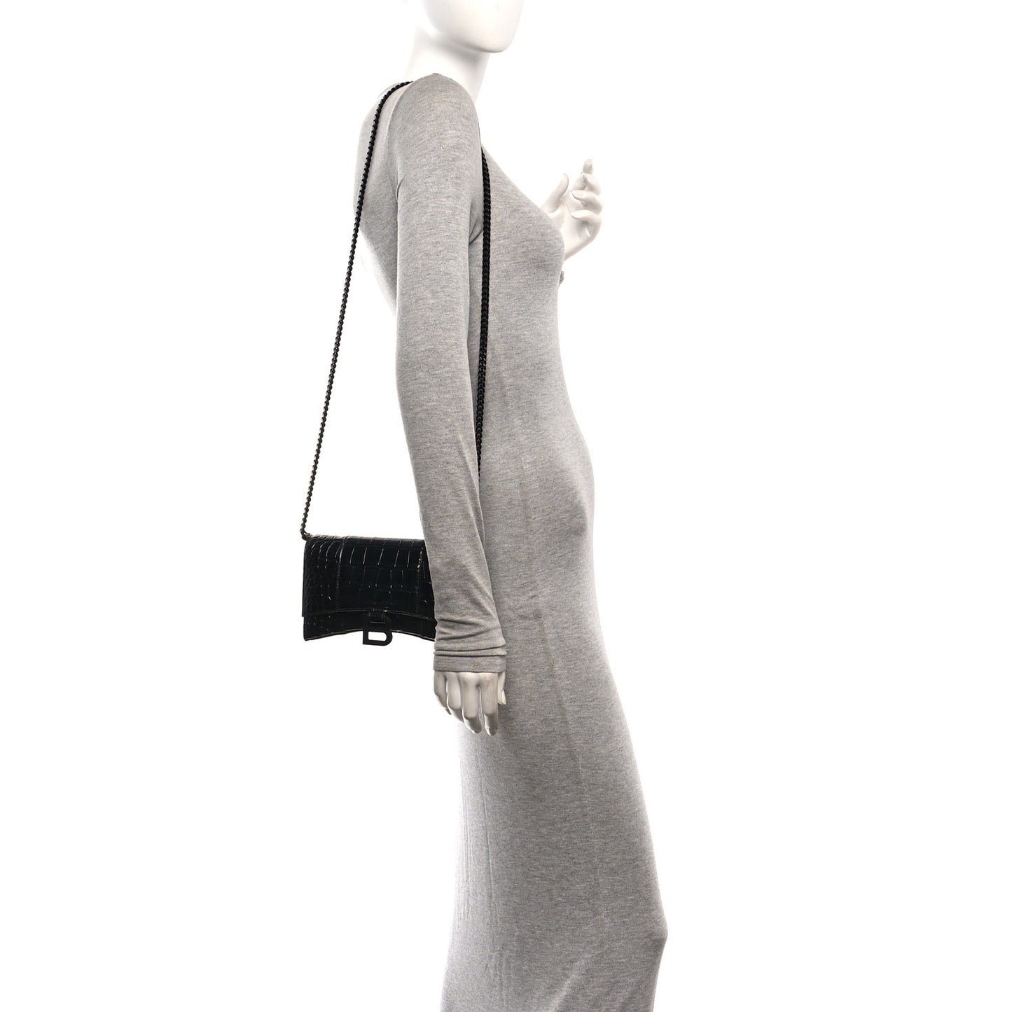 Shiny Calfskin Monochrome Crocodile Embossed Hourglass Chain Bag Black