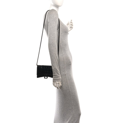Balenciaga Shiny Calfskin Monochrome Crocodile Embossed Hourglass Chain Bag Black 2 of 9