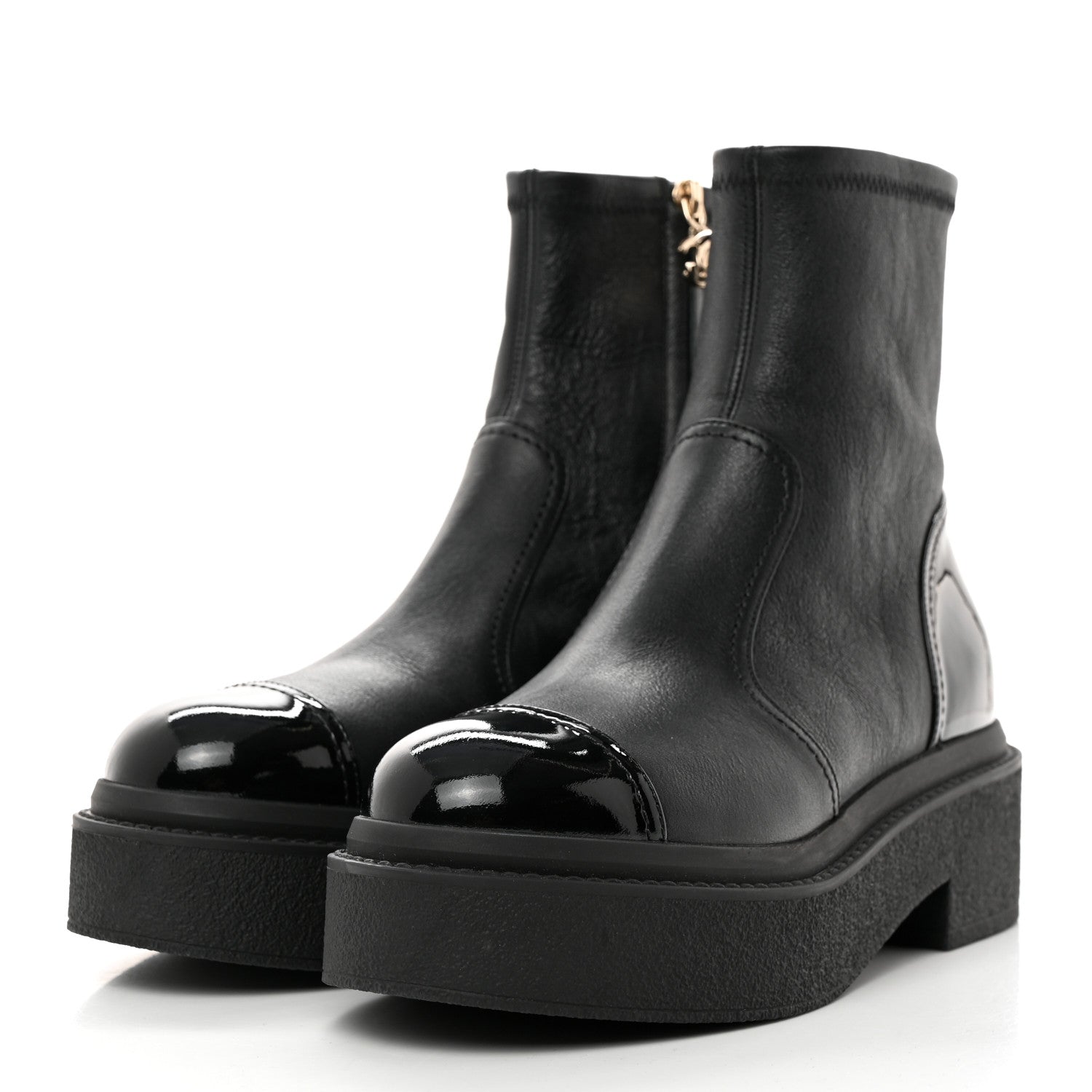 Chanel Grained Calfskin Patent Cap Toe CC Platform Ankle Boots 37.5 Black 3 of 8