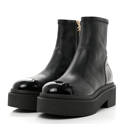 Chanel Grained Calfskin Patent Cap Toe CC Platform Ankle Boots 37.5 Black 3 of 8