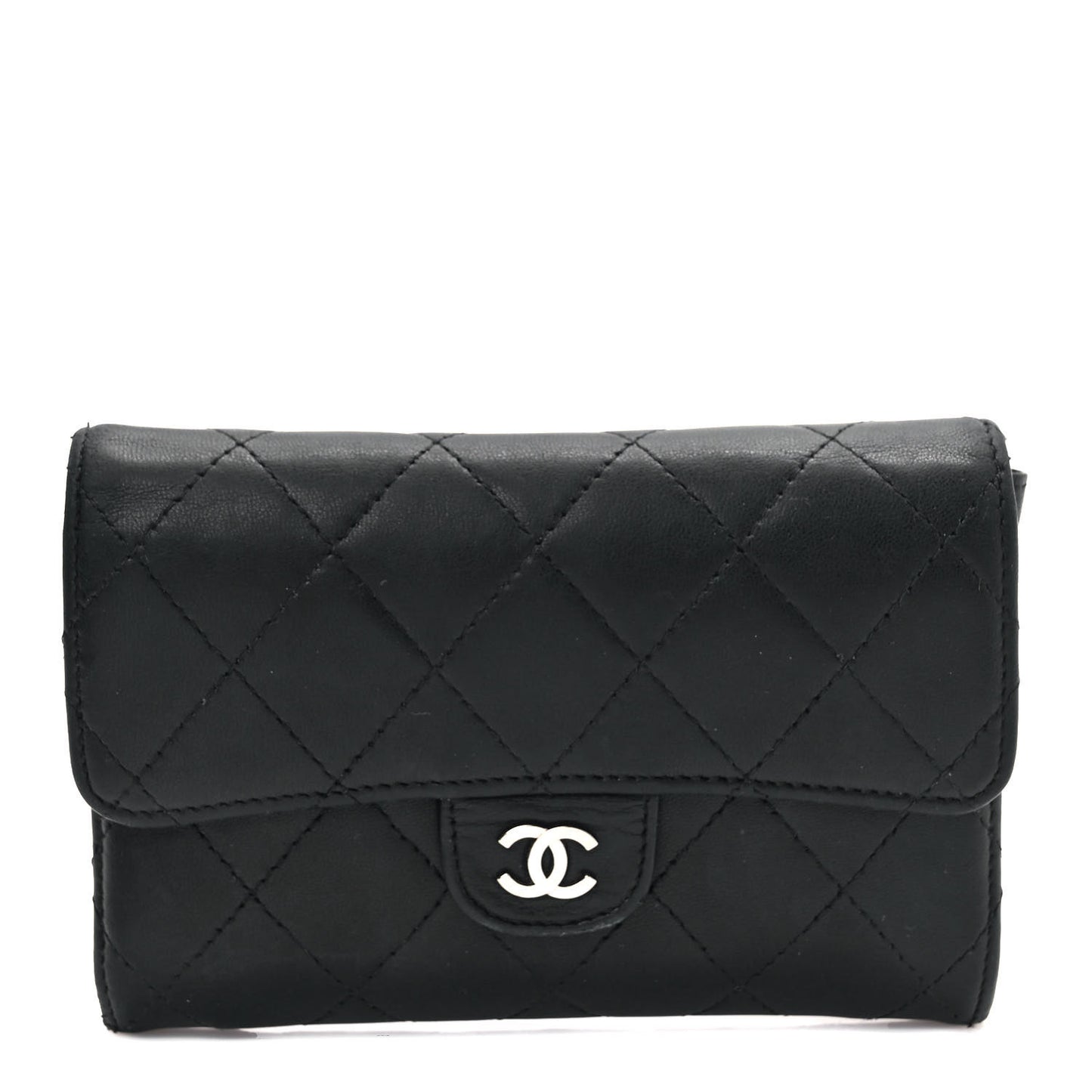 Lambskin Quilted Small Flap Card Holder Wallet Black