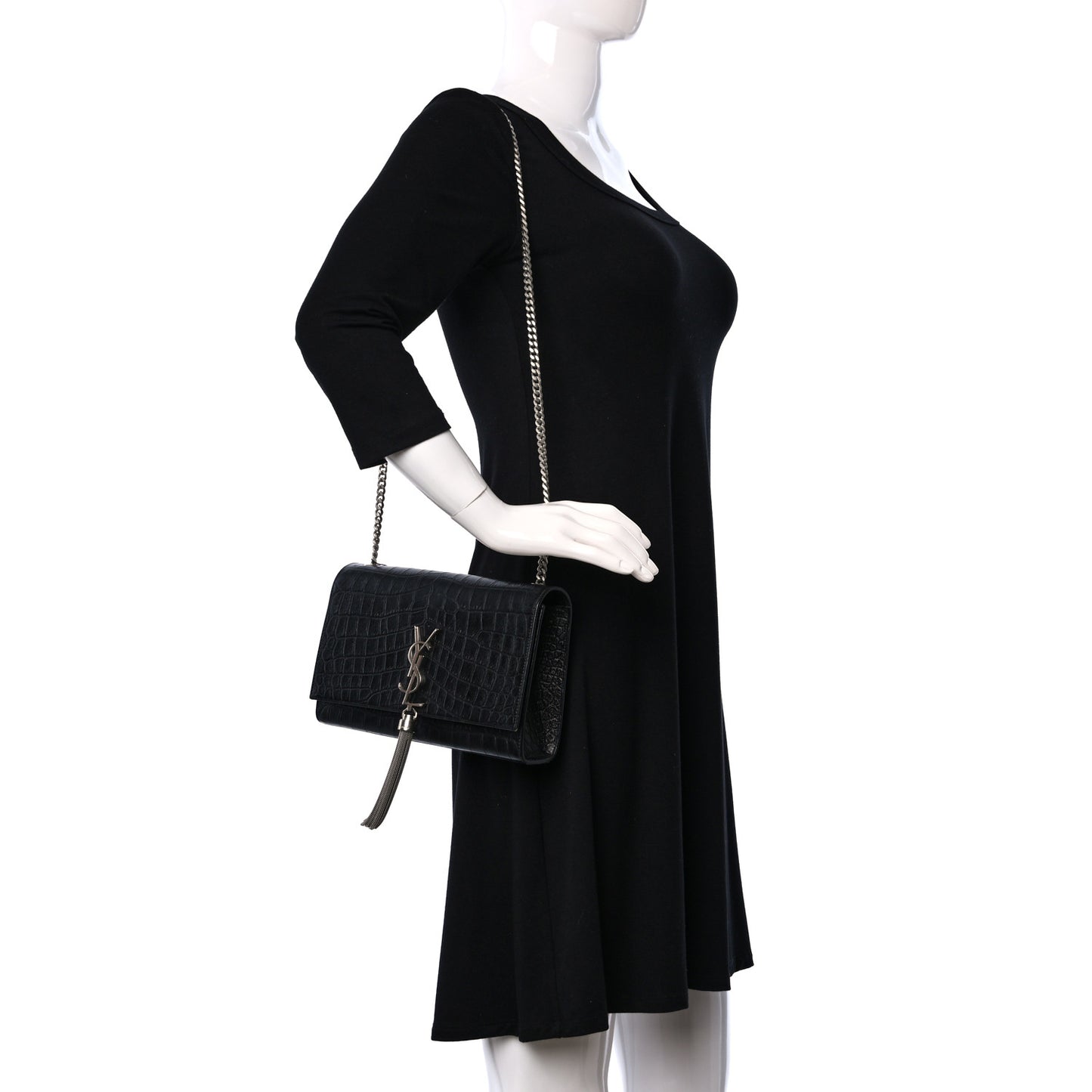 Calfskin Crocodile Embossed Medium Classic Monogram Kate Tassel Satchel Black