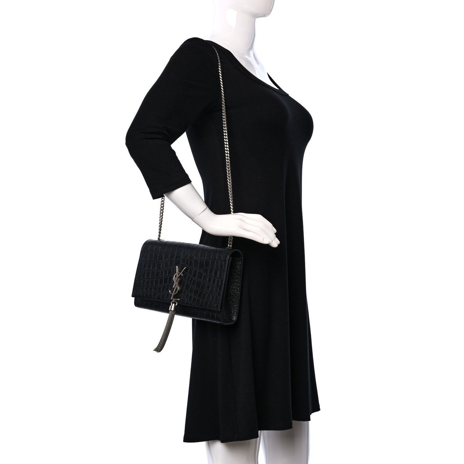 Saint Laurent Calfskin Crocodile Embossed Medium Classic Monogram Kate Tassel Satchel Black 2 of 17