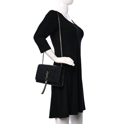 Saint Laurent Calfskin Crocodile Embossed Medium Classic Monogram Kate Tassel Satchel Black 2 of 17