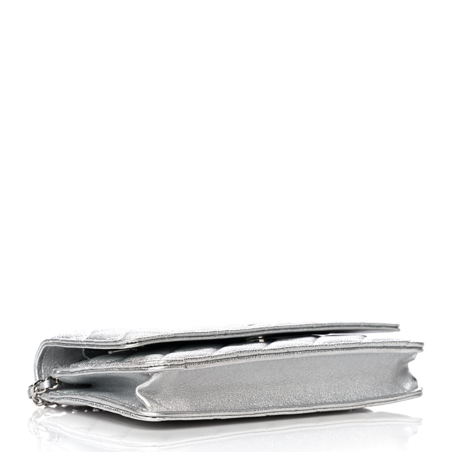 Metallic Lambskin Quilted Wallet On Chain WOC Silver