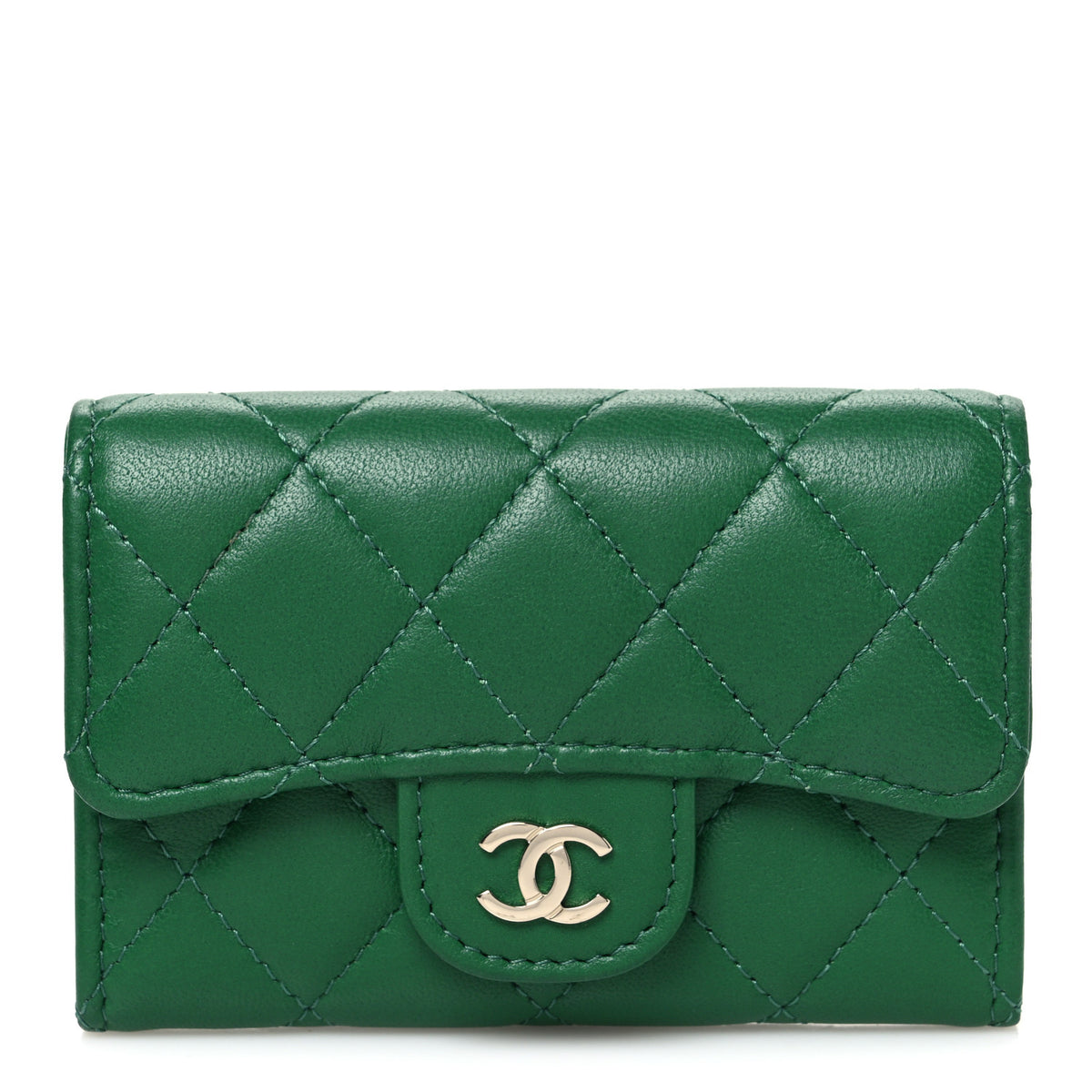 Chanel Lambskin Quilted Flap Card Holder Wallet Green 1 of 9