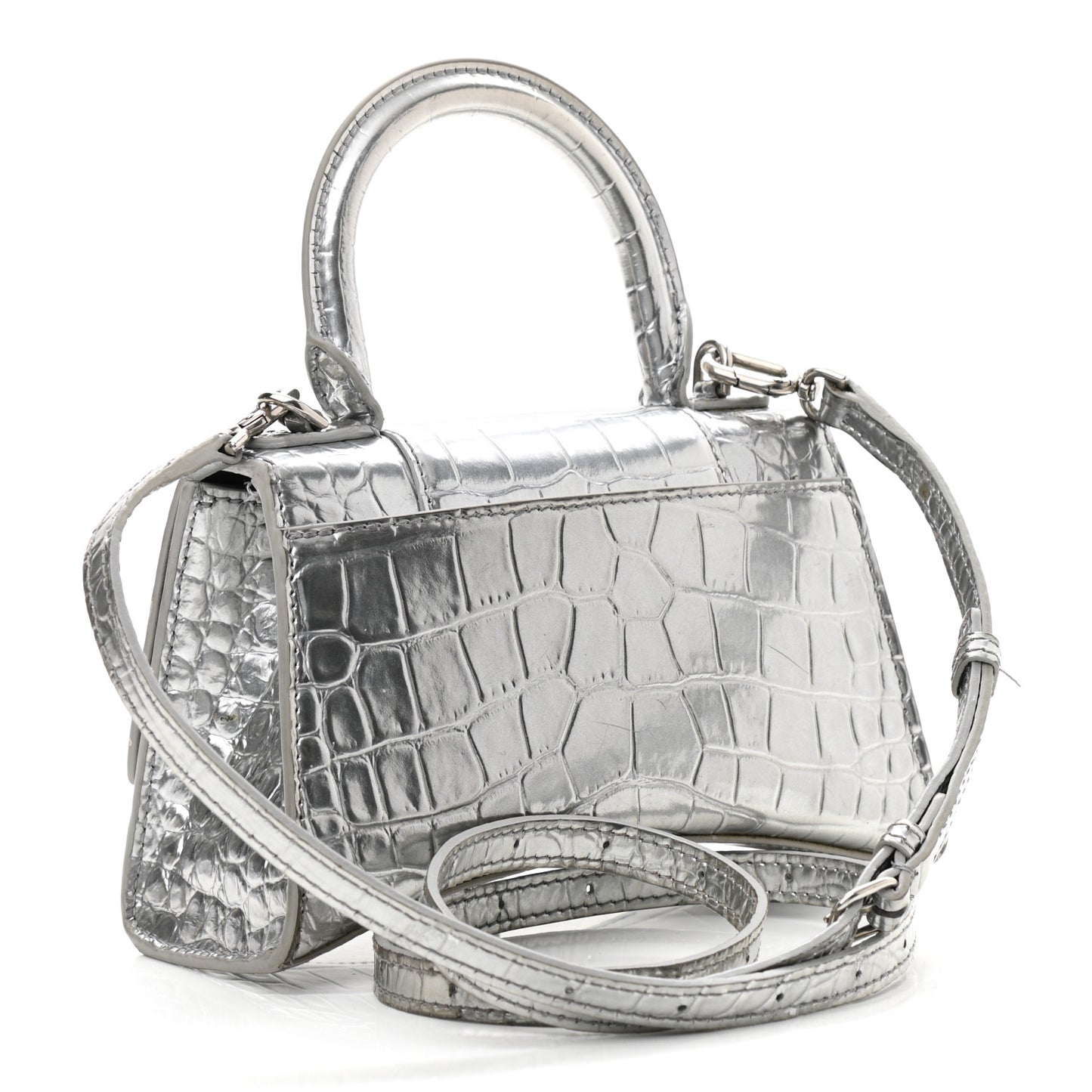Metallic Calfskin Crocodile Embossed Hourglass Top Handle Bag XS Silver