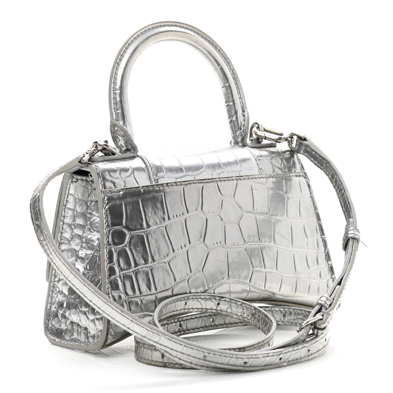 Balenciaga Metallic Calfskin Crocodile Embossed Hourglass Top Handle Bag XS Silver 3 of 13