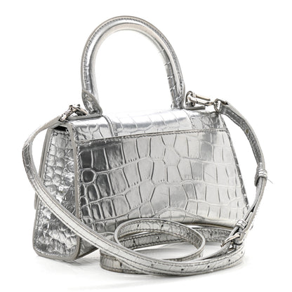 Balenciaga Metallic Calfskin Crocodile Embossed Hourglass Top Handle Bag XS Silver 3 of 13