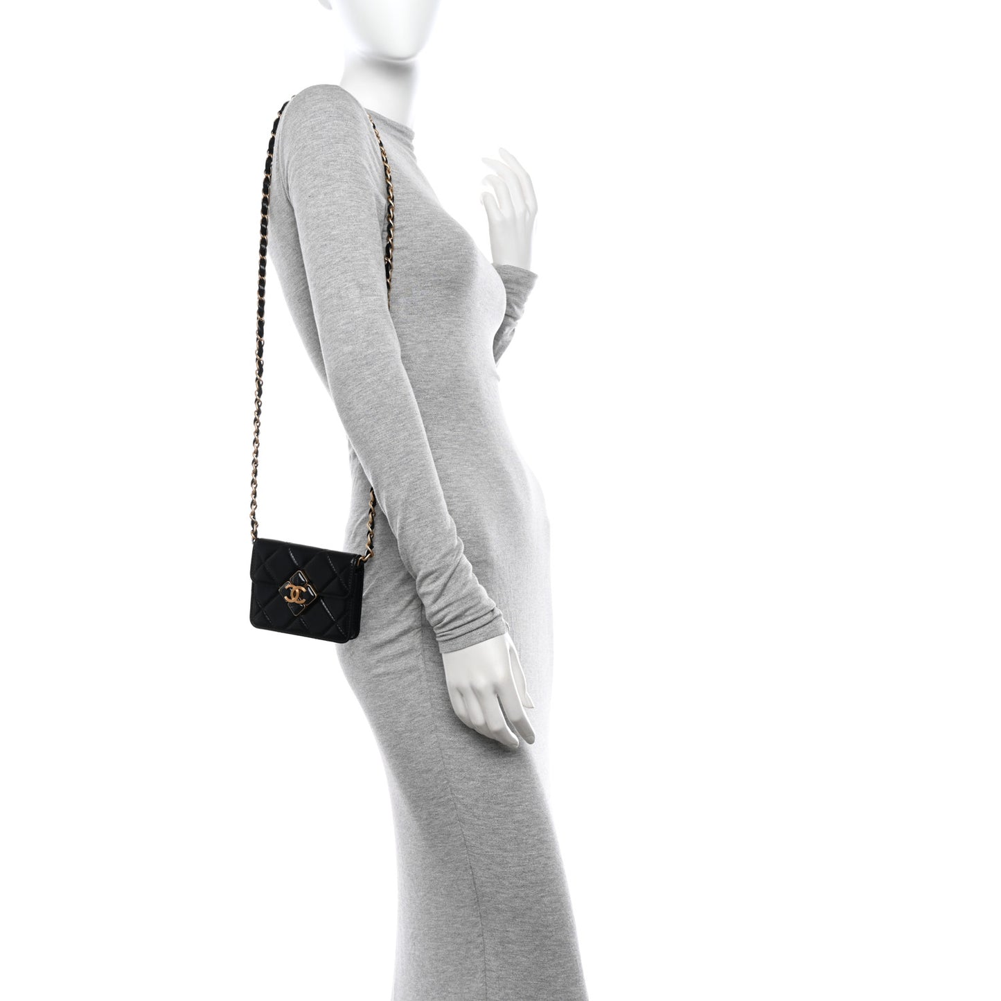 Lambskin Quilted Diamond Lock Card Holder On Chain Black