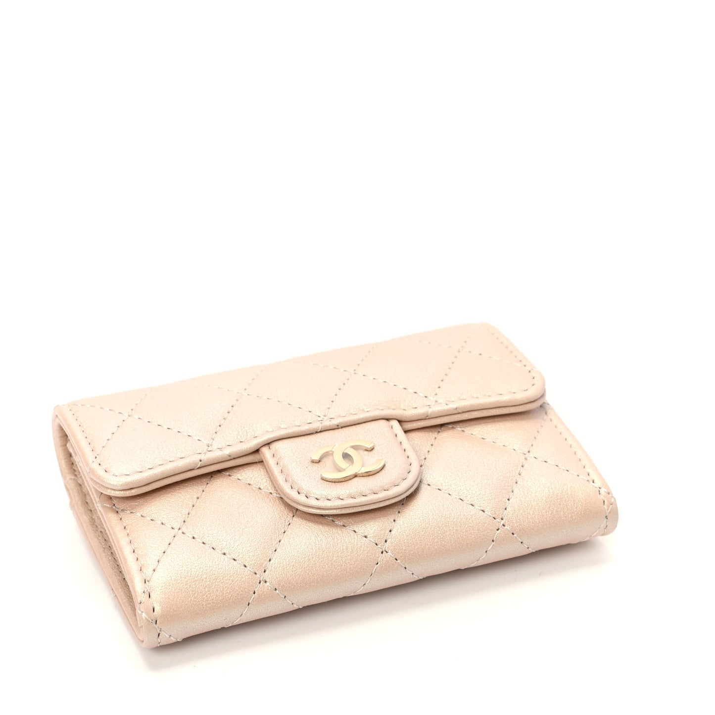 Metallic Lambskin Quilted Flap Card Holder Wallet Gold