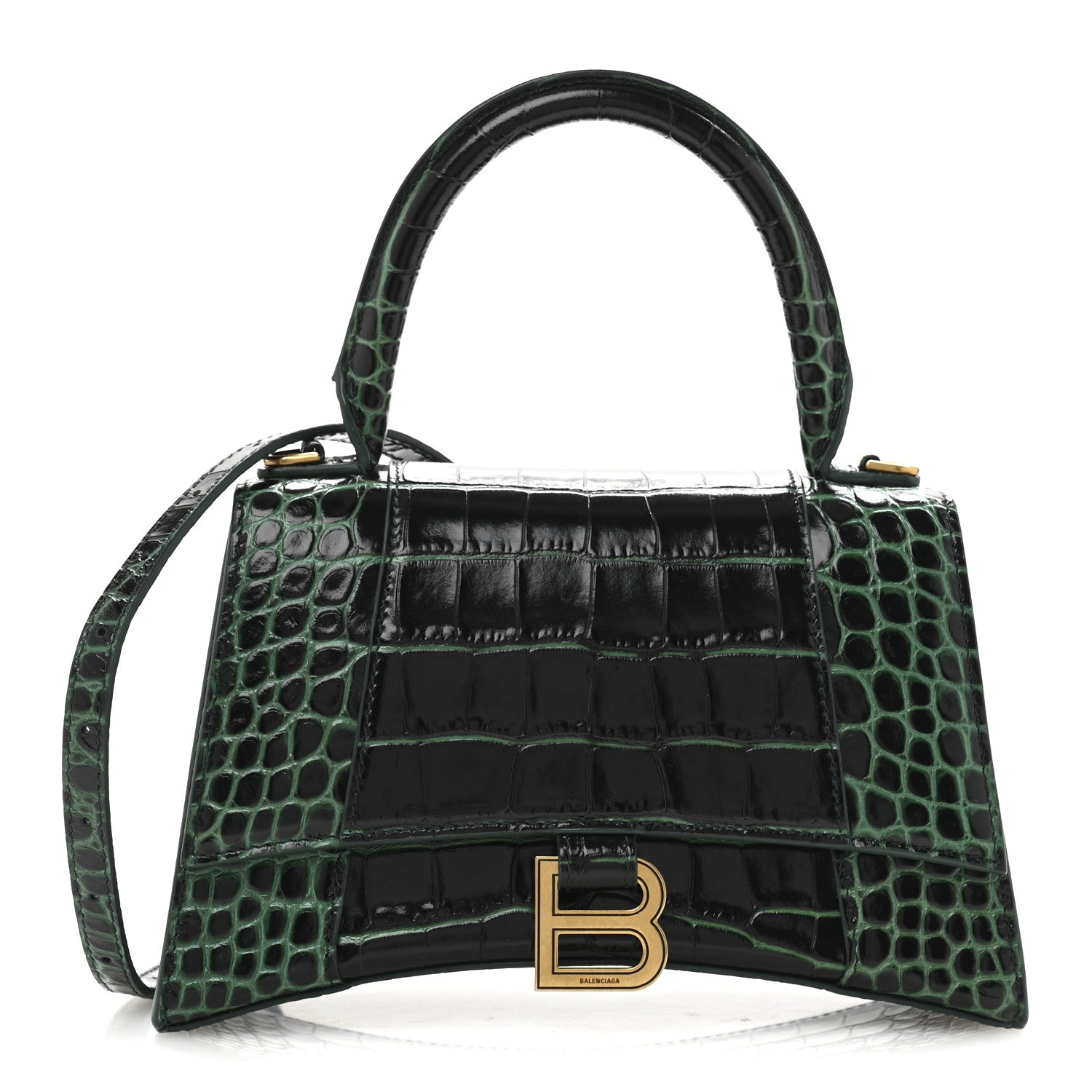 Balenciaga Shiny Calfskin Crocodile Embossed Small Hourglass Top Handle Bag Forest Green 1 of 14