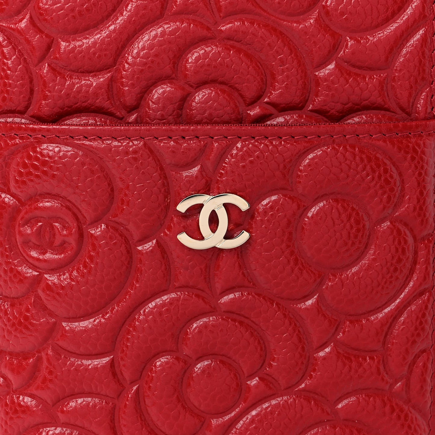 Caviar Camellia Embossed Classic Flat Wallet Pouch Red