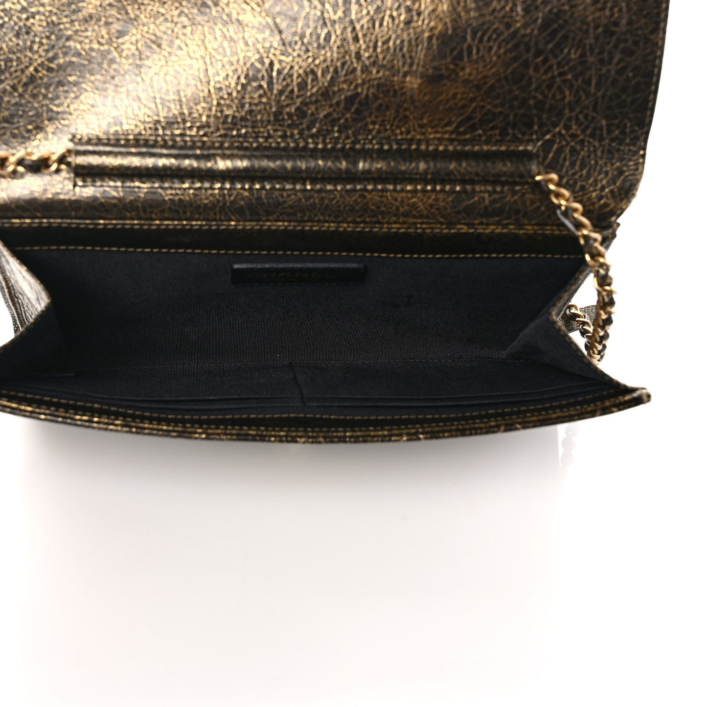 Cracked Metallic Calfskin Quilted Zip Away Chain Clutch Gold