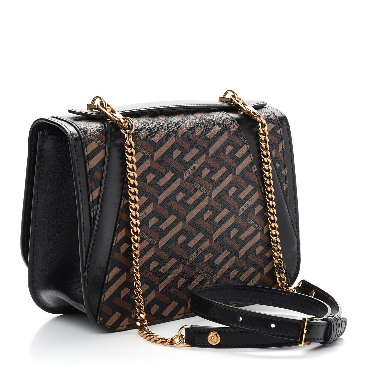 Coated Canvas La Greca Signature Shoulder Bag Black