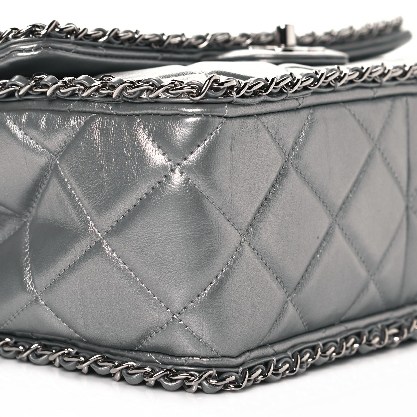 Metallic Lambskin Medium Chain All Over Flap Silver