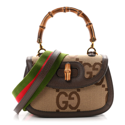 Gucci Monogram Jumbo GG Textured Dollar Calfskin Web Small Bamboo 1947 Top Handle Bag Camel Ebony New Acero 1 of 10