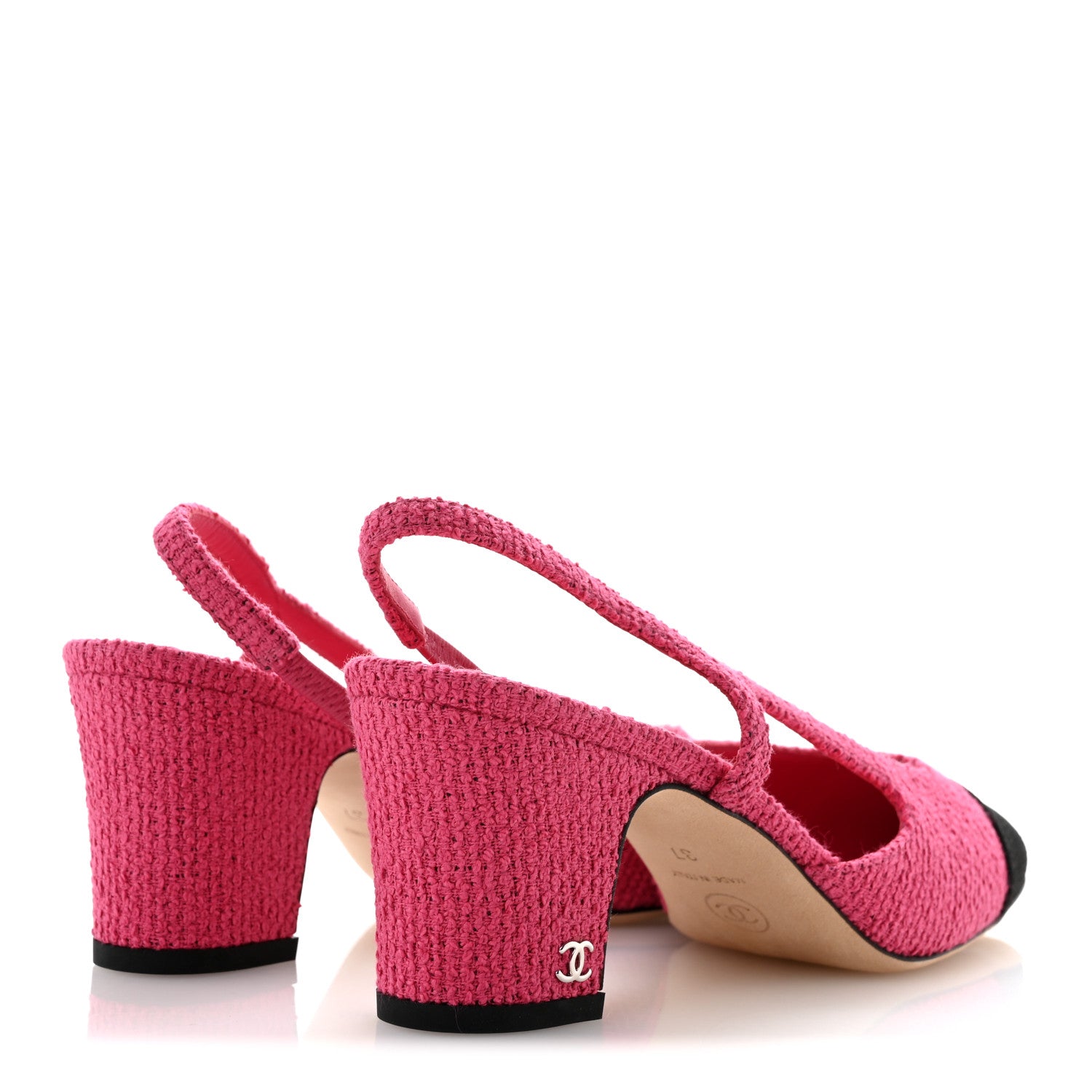 Chanel Tweed Grosgrain Cap Toe CC Slingback Pumps 37 Pink Black 5 of 12