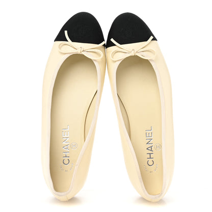 Chanel Calfskin Grosgrain Cap Toe CC Ballerina Flats 39.5 Ivory Black 2 of 11