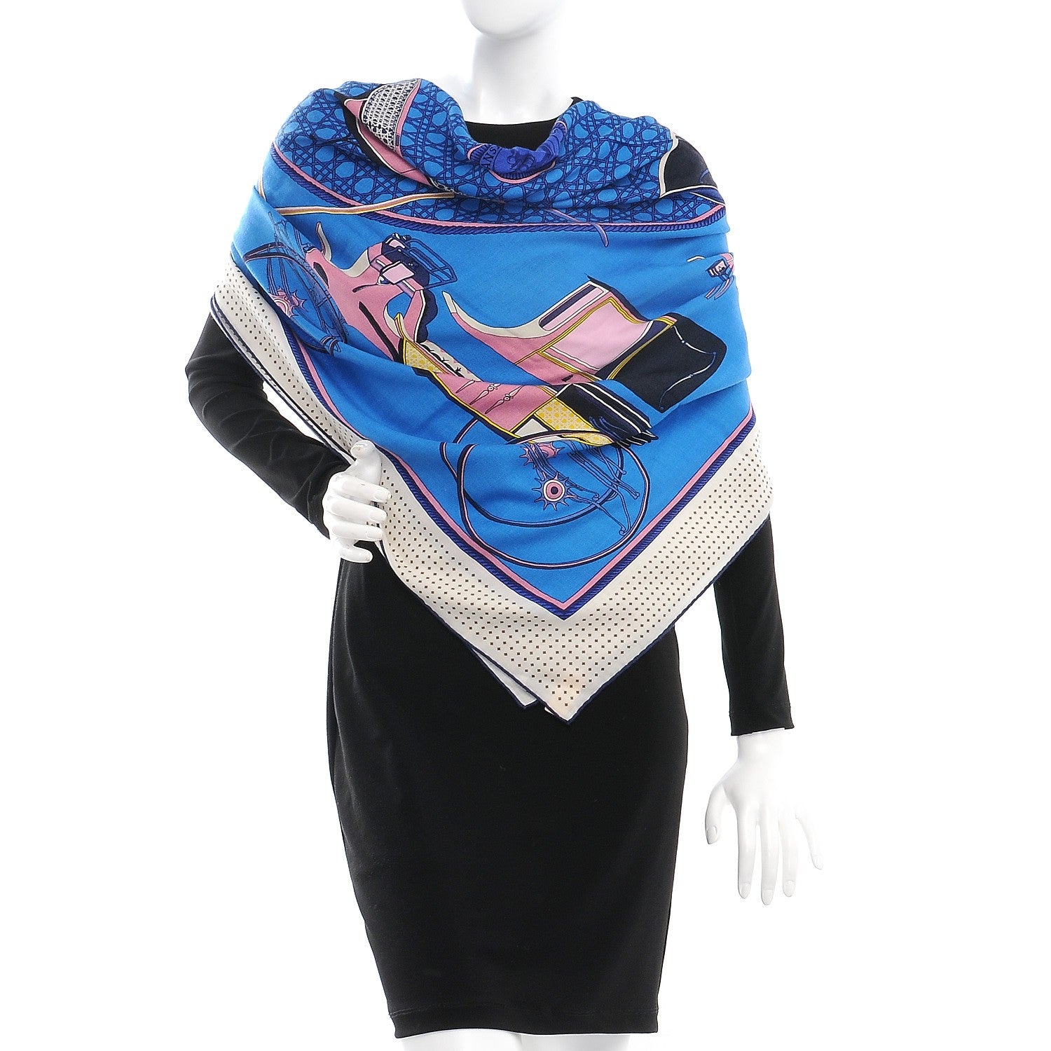 Hermes Cashmere Silk Les Voitures A Transformation Shawl 140 Bleu Azur Rose Blanc 2 of 5