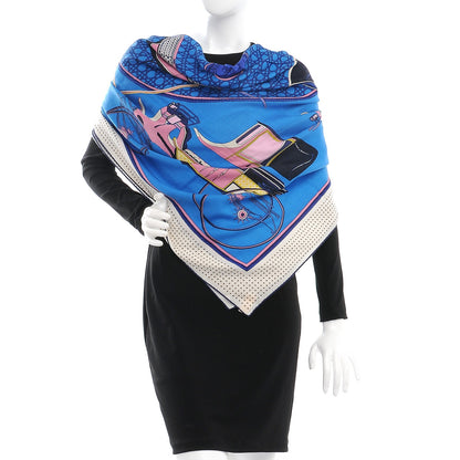 Hermes Cashmere Silk Les Voitures A Transformation Shawl 140 Bleu Azur Rose Blanc 2 of 5