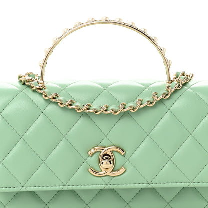 Chanel Lambskin Quilted Pearl Top Handle Clutch With Chain Light Green 9 of 12