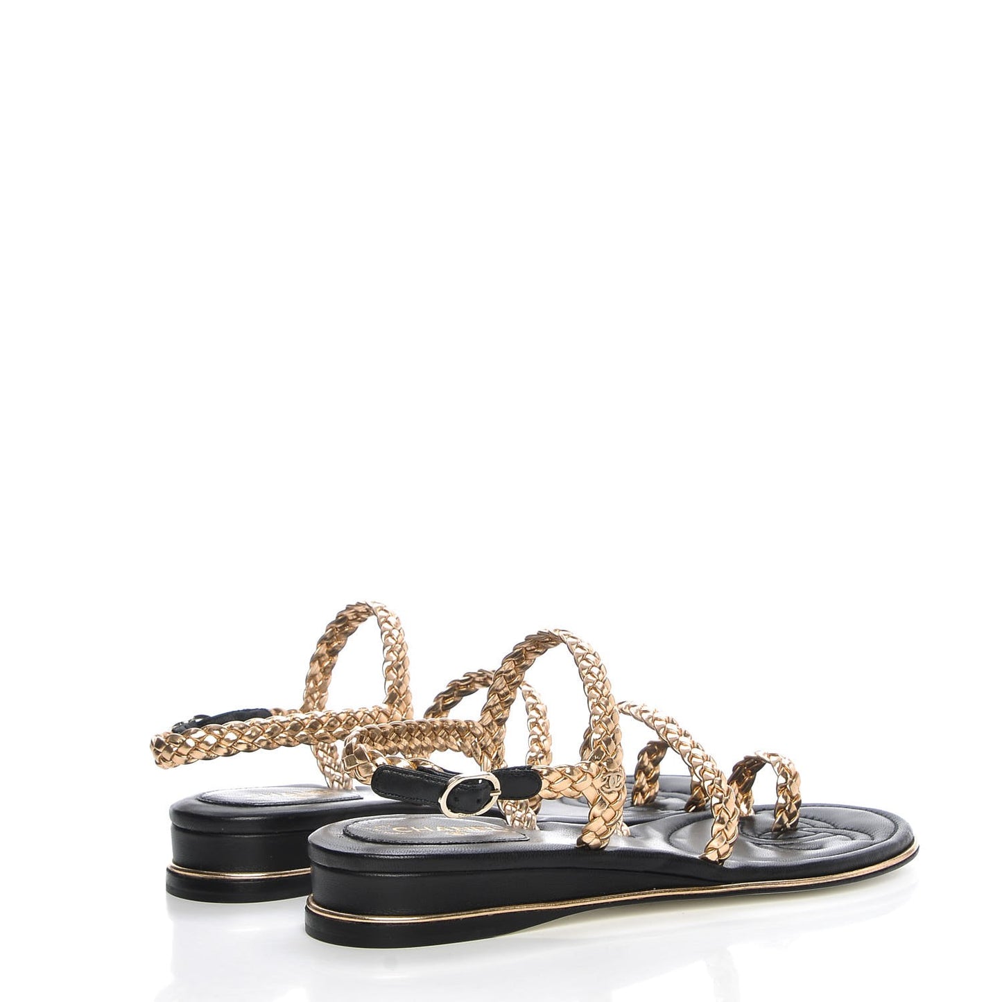 Metallic Calfskin Lambskin Braided Sandals 37 Black Gold