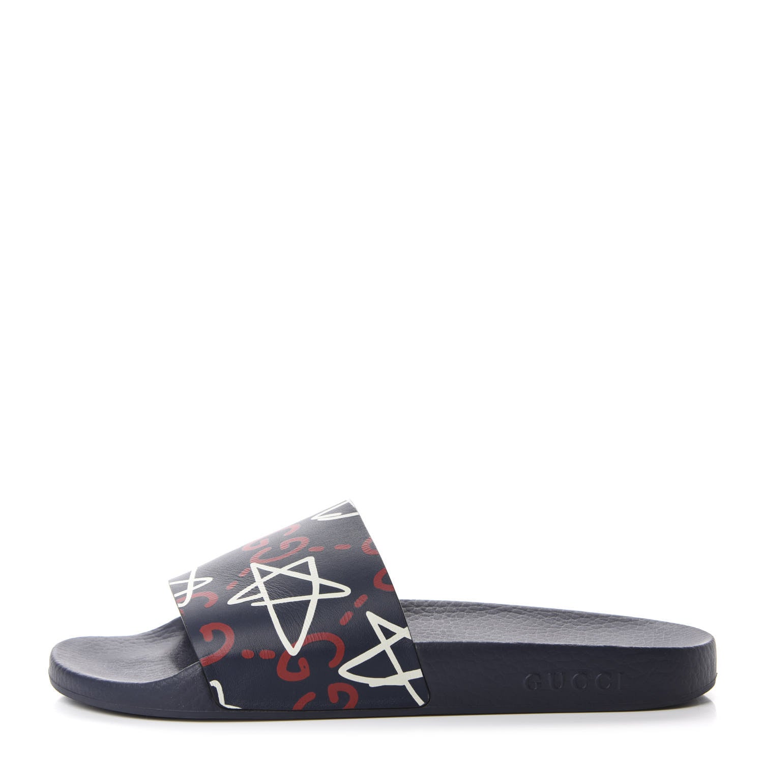 Gucci Calfskin GucciGhost Print Womens Slide Sandals 41 Blue Agata Hibiscus Red 1 of 9