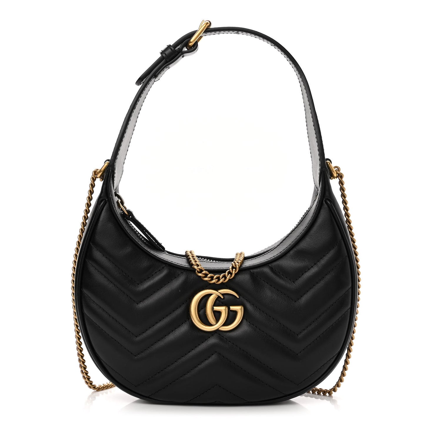 Calfskin Matelasse Chevron Mini GG Marmont Half Moon Hobo Black