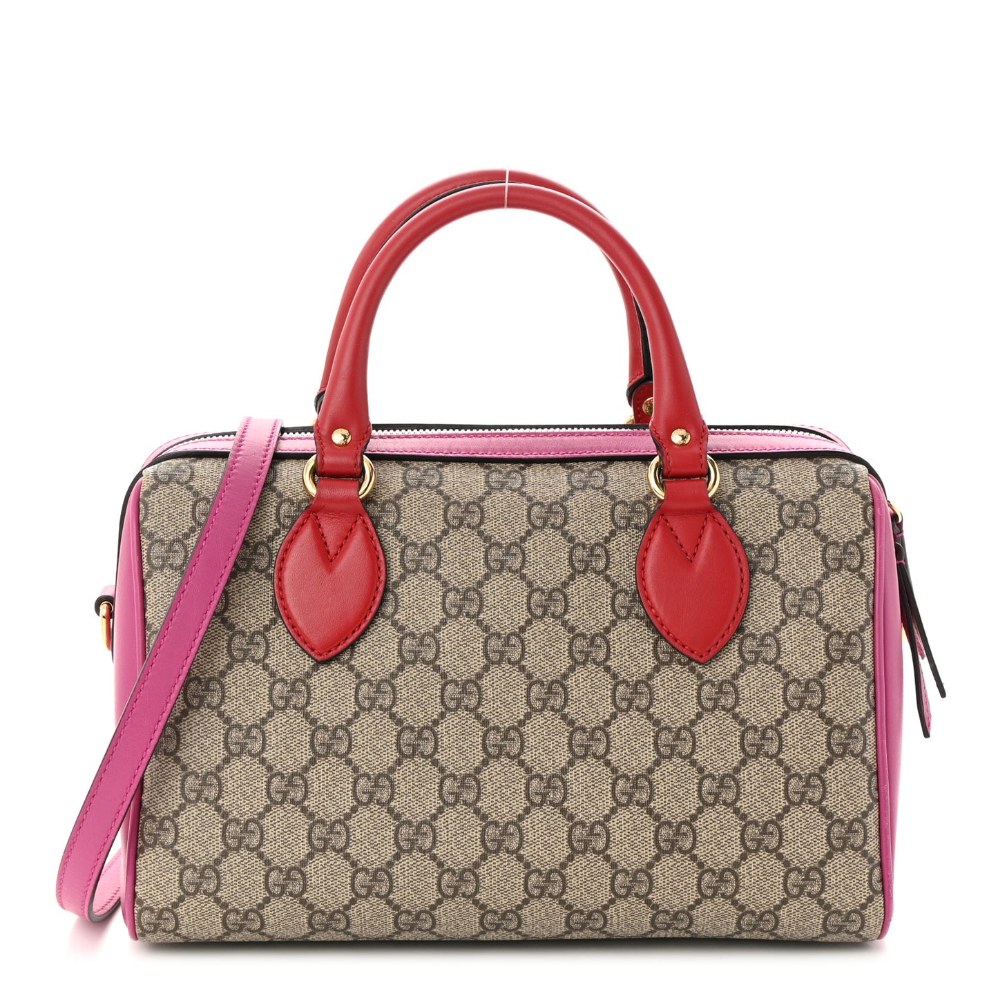 GG Supreme Monogram Moon Calfskin Small Boston Beige Ebony Hibiscus Red New Rosette