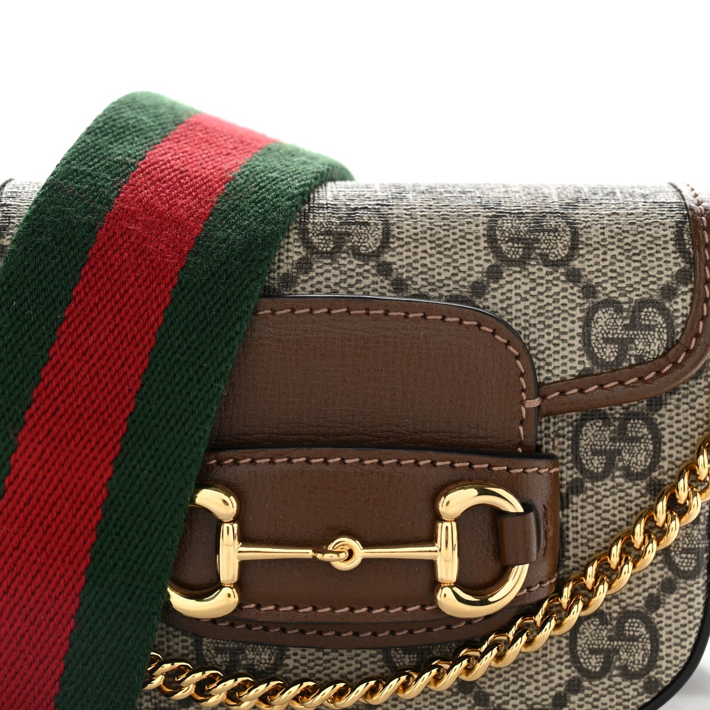 GG Supreme Monogram Azalea Calfskin Web Horsebit 1955 Wallet On Strap Beige Ebony Brown Sugar