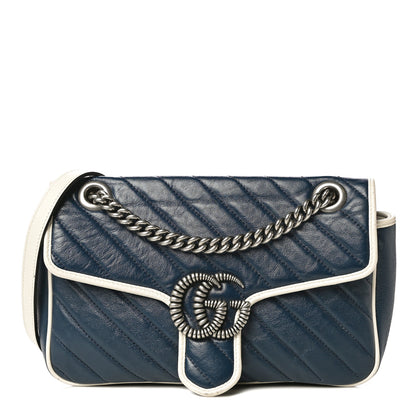 Gucci Vintage Effect Calfskin Matelasse Diagonal Small Torchon GG Marmont Shoulder Bag Blue Agata Mystic White 1 of 21