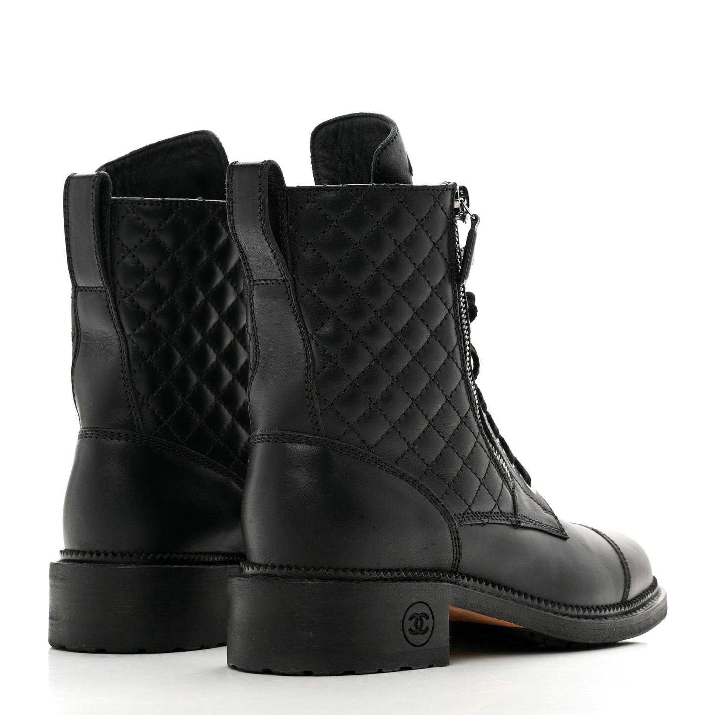 Calfskin Quilted Lace Up Combat Boots 37 Black