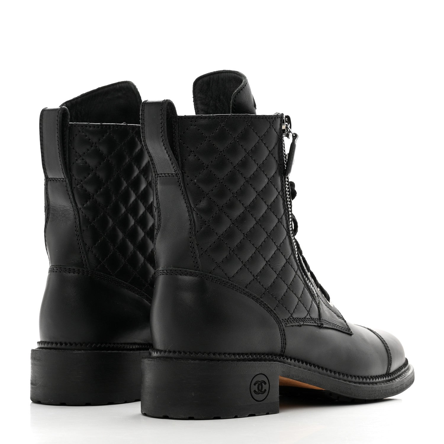 Chanel Calfskin Quilted Lace Up Combat Boots 37 Black 4 of 10